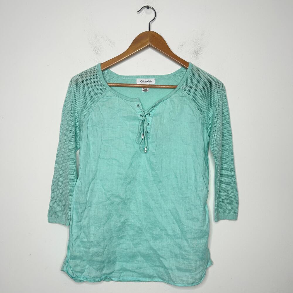 CALVIN KLEIN Linen Top Womens Size Small Coastal Beach Vacation Sustainable Chic